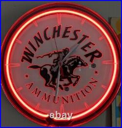 14 Winchester Ammunition Sign Neon Clock Red Made in USA