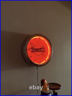 16Sunoco Oil Vintage Sign Double Red Neon Clock Gasoline Gas Man Cave Garage
