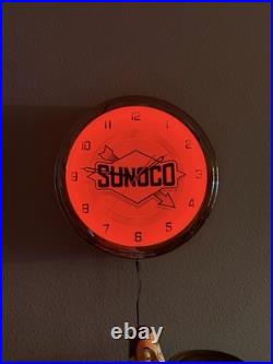 16Sunoco Oil Vintage Sign Double Red Neon Clock Gasoline Gas Man Cave Garage