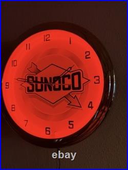 16Sunoco Oil Vintage Sign Double Red Neon Clock Gasoline Gas Man Cave Garage