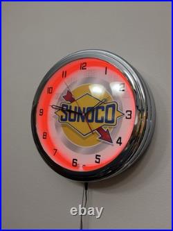 16Sunoco Oil Vintage Sign Double Red Neon Clock Gasoline Gas Man Cave Garage