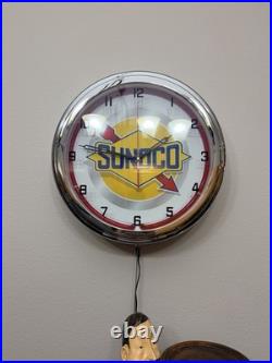 16Sunoco Oil Vintage Sign Double Red Neon Clock Gasoline Gas Man Cave Garage