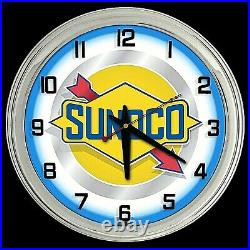 16 Sunoco Vintage Sign Blue Neon Clock Gasoline Motor Oil Gas Man Cave Garage