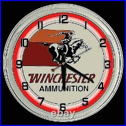 16 Winchester Ammunition Sign Neon Clock Red Neon Chrome Case
