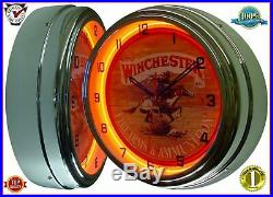 16 Winchester Firearms & Ammunition Sign Orange Neon Lighted Wall Clock Chrome