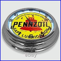 18 Pennzoil Safe Lubrication Metal Sign Designed White Neon Clock