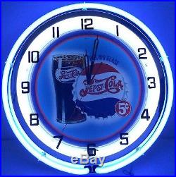 18 Vintage PEPSI Metal Sign Double Neon Wall Clock Bottle Big Glass 5 Cents