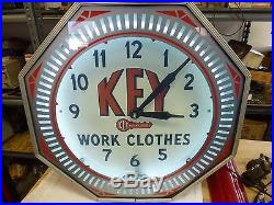 1940's Key Work Clothes NEON Display Clock Sign Vintage OLD
