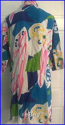 1970s Vintage Catherine Ogust Dress Signed Cotton Tunic Neon Bright Geometric