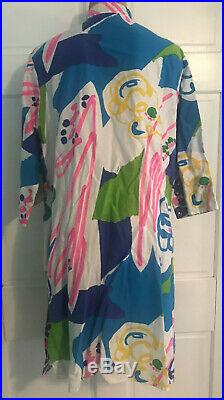 1970s Vintage Catherine Ogust Dress Signed Cotton Tunic Neon Bright Geometric