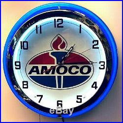 19 Amoco Oil Gas Vintage Logo Sign Double Neon Clock Blue Neon Chrome Finish