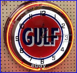 19 GULF Antique Sign Gasoline Motor Oil Gas Station Double Neon Clock No Nox