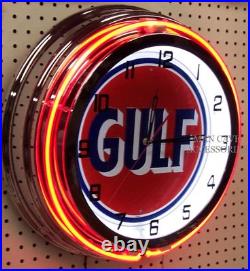 19 GULF Antique Sign Gasoline Motor Oil Gas Station Double Neon Clock No Nox