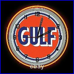 19 Gulf Gas Oil Vintage Logo Sign Double Orange Neon Clock Man Cave Bar Garage