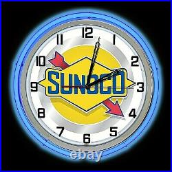 19 Sunoco Oil Vintage Sign Double Blue Neon Clock Gasoline Gas Man Cave Garage