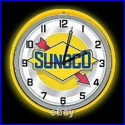 19 Sunoco Oil Vintage Sign Double Yellow Neon Clock Gasoline Gas Man Cave