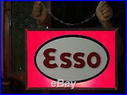 50s ESSO DOUBLE LIGHT UP BOX SIGN VINTAGE OIL GAS STATION GARAGE NT ENAMEL NEON