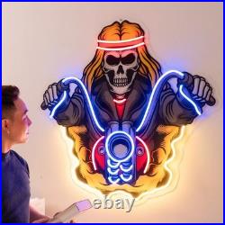 Biker Skull Neon Sign 24x20 Light Pop Artwork Vintage Garage Home Wall Decor