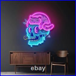 Cat And Skull LED Neon Sign 26x18 Light Pop Art Vintage Halloween Wall Decor
