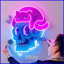 Cat And Skull LED Neon Sign 26x18 Light Pop Art Vintage Halloween Wall Decor
