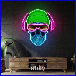 Headphone Skull Neon Sign 24x18 Light Man Cave Gamer Room Vintage Wall Decor