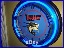 Heddon Bass Fishing Lure Rod Reel Bait Shop Man Cave Blue Neon Wall Clock Sign