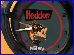 Heddon Bass Fishing Lure Rod Reel Bait Shop Man Cave Blue Neon Wall Clock Sign
