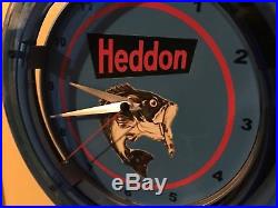 Heddon Fishing Lures Bait Shop Store Man Cave Blue Neon Wall Clock Sign