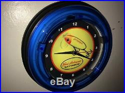 Jitterbug Fred Arbogast Fishing Lure Shop Man Cave Blue Neon Wall Clock Sign