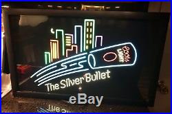 Large VTG 1992 Coors Silver Bullet Beer City Skyline Neon Light Up Electric Sign