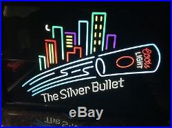 Large VTG 1992 Coors Silver Bullet Beer City Skyline Neon Light Up Electric Sign