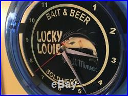 Lucky Louie Bill Minser Fishing Lure Man Cave Blue Neon Wall Clock Sign