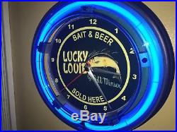 Lucky Louie Bill Minser Fishing Lures Man Cave Blue Neon Wall Clock Sign