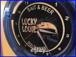 Lucky Louie Bill Minser Fishing Lures Man Cave Blue Neon Wall Clock Sign