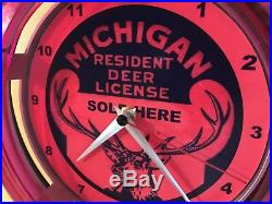 ^^^Michigan Deer Buck Hunting Hunter Permit License Store Neon Wall Clock Sign