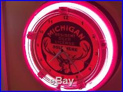 ^^^Michigan Deer Buck Hunting Hunter Permit License Store Neon Wall Clock Sign