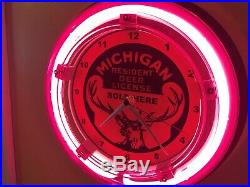 Michigan Deer Buck Hunting License Hunter Shop Man Cave Neon Wall Clock Sign