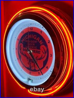 ^Michigan Hunters Deer License SoldHere Buck Bar ManCave Orange Neon Clock Sign