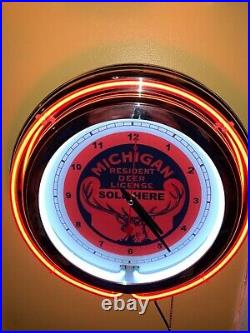 ^Michigan Hunters Deer License SoldHere Buck Bar ManCave Orange Neon Clock Sign