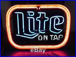 Miller Lite On Tap Neon Beer Sign Lighted Vintage 21 x 16 Bar Man Cave Color