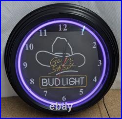 NEW Vintage 1990s Bud Light George Strait Purple Neon Lighted Clock Sign 17 1/4