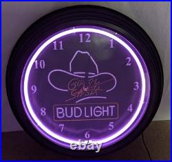 NEW Vintage 1990s Bud Light George Strait Purple Neon Lighted Clock Sign 17 1/4
