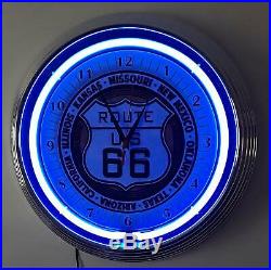 Neon Clock Aged Route 66 Sign 15 Inch Sized Wall Clock Blue Neon Rim Not Vintage