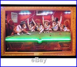 Neon LED Poster Dogs Playing Pool Retro Vintage Bar Sign Picture Game Room Lamp