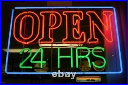 Open 24 Hrs Hours Vintage Neon Light Sign Lamp Glass Beer Bar Decor 24x18