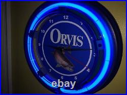 Orvis Trout Fly Fishing Rod Reel Creel Man Cave Neon Wall Clock Advertising Sign