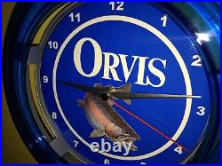 Orvis Trout Fly Fishing Rod Reel Creel Man Cave Neon Wall Clock Advertising Sign