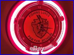 ^^^Paw Paw Fishing Tackle Lures Michigan Bait Shop Man Cave Neon Wall Clock Sign