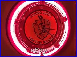 Paw Paw Michigan Fishing Tackle Lures Bait Shop Man Cave Neon Wall Clock Sign