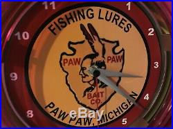 Paw Paw Michigan Fishing Tackle Lures Bait Shop Man Cave Neon Wall Clock Sign